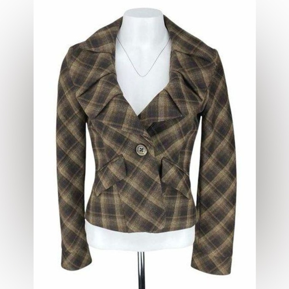 BCBGMAXAZRIA Wool Blend Ruffle Plaid Jacket